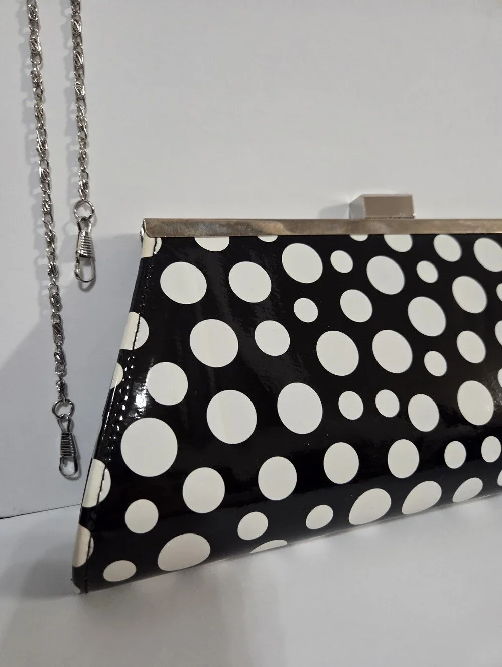 Neiman Marcus Black White Polka Dot Patent Clutch Purse With Chain Strap